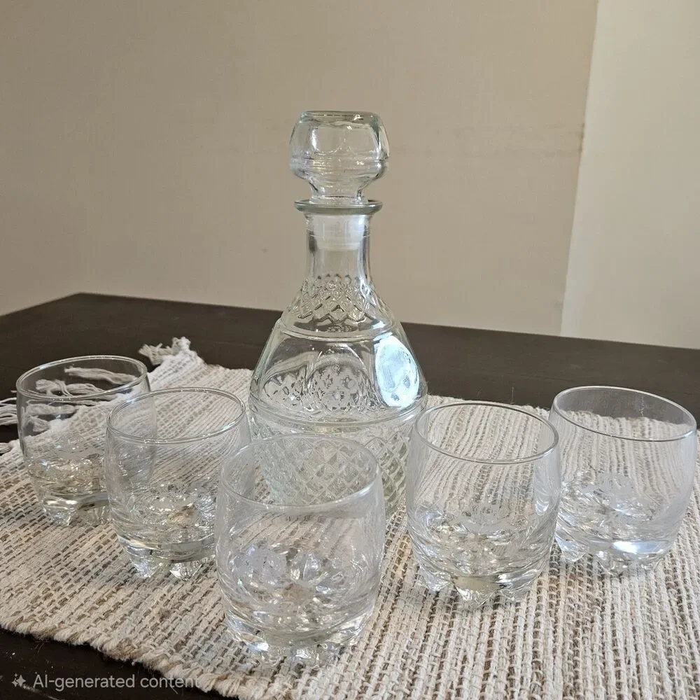 Vintage Crown Royal Decanter w/ Stopper & 5 Matching Made in Italy Rocks Glasses